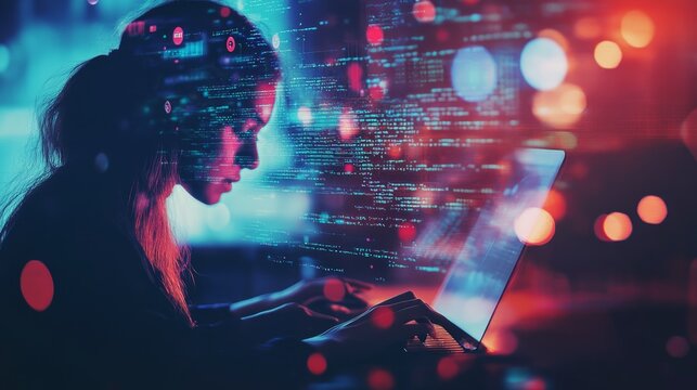 Double exposure of Computer programmer team using laptop, data processing connecting with internet global network, cloud computing and data center network server, cyber security, software development,