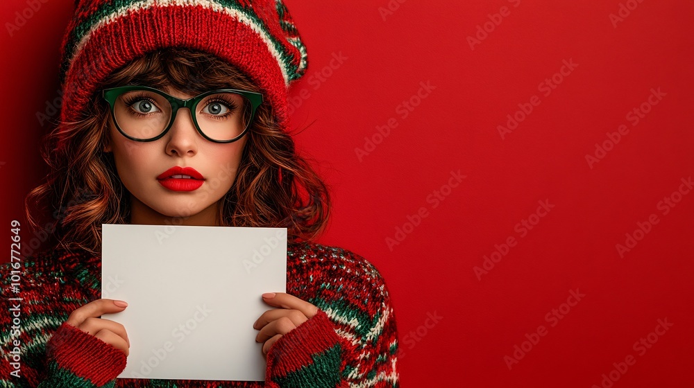 Aufkleber isolated on red color background with side space for letters a woman dressed in a christmas-themed s