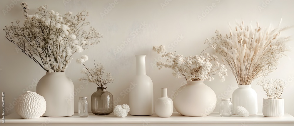 Poster elegant minimalist monochrome decor setup featuring soft cohesive elements like vases bottles sphere