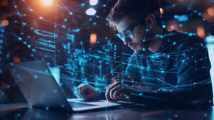 Double exposure of Computer programmer team using laptop, data processing connecting with internet global network, cloud computing and data center network server, cyber security, software development,