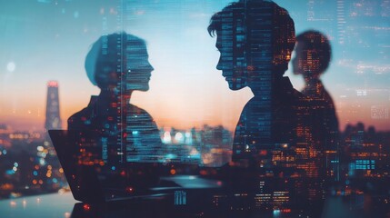 Double exposure of Computer programmer team using laptop, data processing connecting with internet global network, cloud computing and data center network server, cyber security, software development,