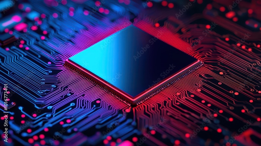 Poster close-up of a modern microchip with colorful circuit board. showcases technology and innovation in e