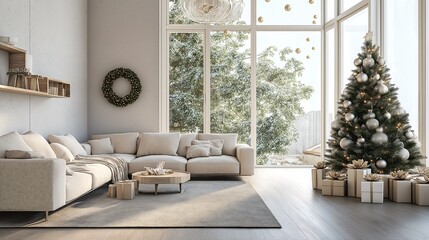 Open-concept living and dining area with subtle Christmas accents, modern holiday style.