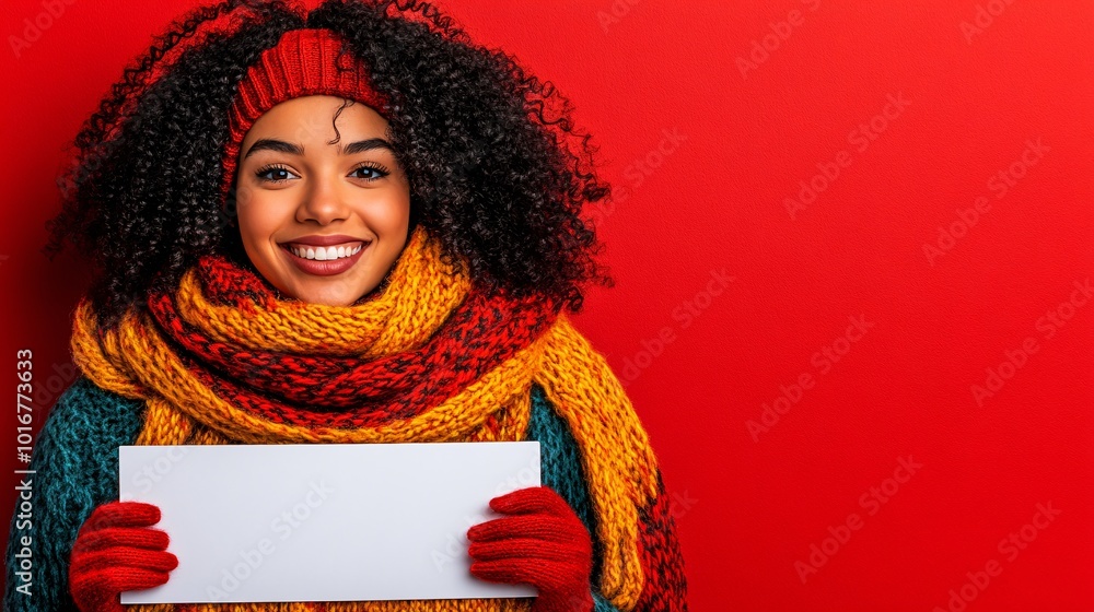 Poster isolated on red color background with side space for letters a woman in a festive scarf holding a la