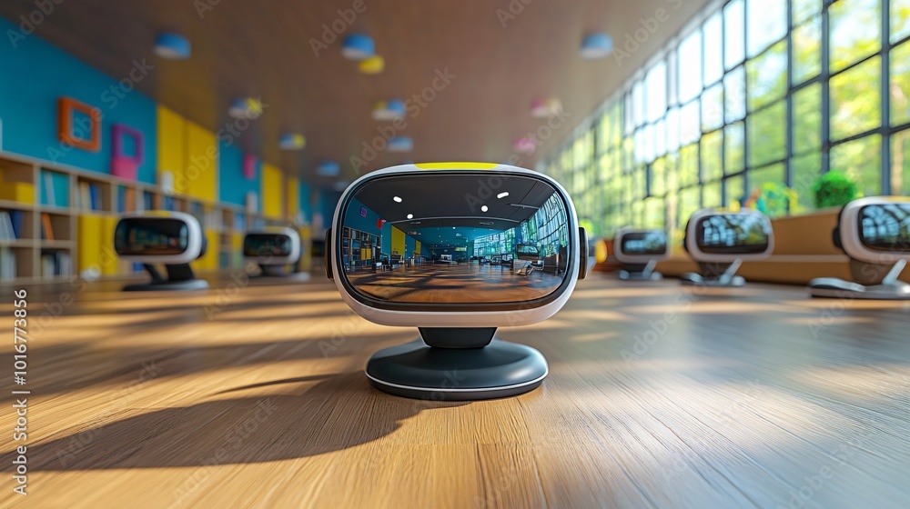 Poster modern tech classroom with virtual reality devices