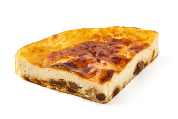Cottage cheese casserole with raisins, baked slice, isolated on white background.