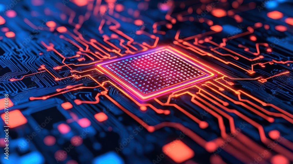 Poster close-up of a vibrant computer chip surrounded by intricate circuitry, showcasing modern technology 