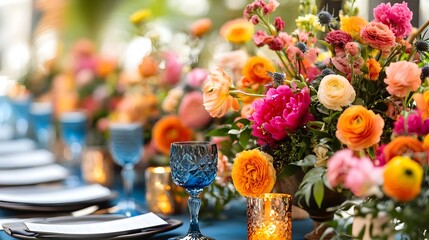 Fototapeta premium Beautifully decorated modern wedding table setting featuring vibrant and colorful floral bouquets blooms and arrangements creating a joyful and celebratory atmosphere for a festive event