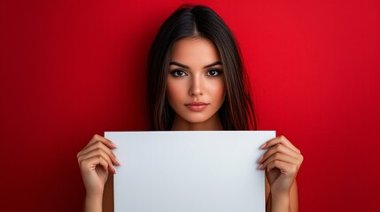 Isolated on Red color background with side space for letters a woman holding a white sign with both hands and looking towards the camera suitable for festive greetings Stock Photo with copy space