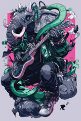 Surreal elephant playing a guitar, with flowing shapes and abstract elements