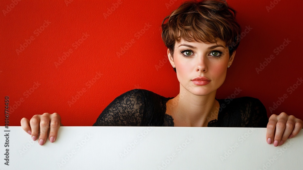 Poster Isolated on Red color background with side space for letters a woman holding a white sign with both hands and looking towards the camera suitable for festive greetings Stock Photo with copy space