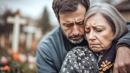 Obraz premium Portrait of sorrowful senior woman grieving over loss of loved one leaning on comforting man during memorial ceremony at gravesite, copy space