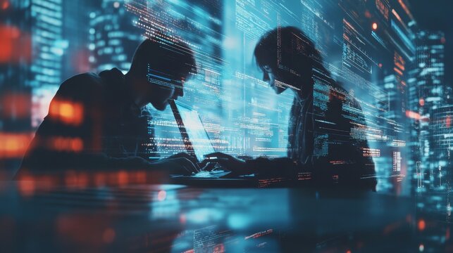 Double exposure of Computer programmer team using laptop, data processing connecting with internet global network, cloud computing and data center network server, cyber security, software development,