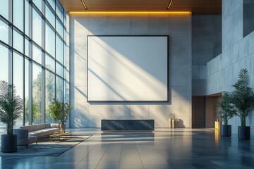 empty billboard frame positioned in a sleek office lobby inviting creativity and customization for ad campaigns set against a modern architectural backdrop