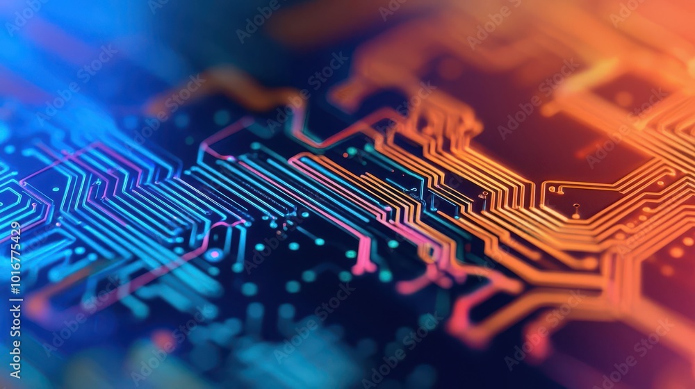 Poster close-up view of a colorful circuit board with intricate designs and patterns, showcasing modern tec