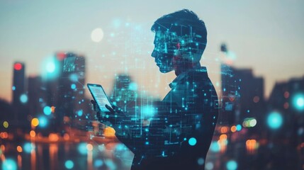 Double exposure of Digital technology, IoT Internet of Things, Global internet network and social media communication for digital marketing and global business. mobile banking via mobile app, wireless