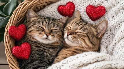 Two adorable tabby cats are curled up and sleeping soundly in a wicker basket, surrounded by a soft knitted blanket and playful red glitter hearts