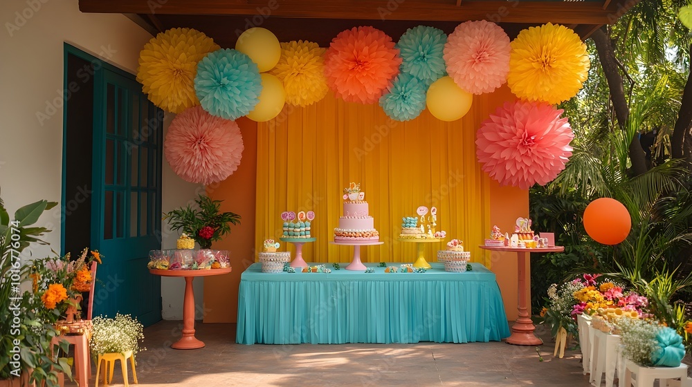 Poster vibrant backdrop with a display of colorful a playful table setup creating a fun and festive party v