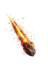 A falling meteorite, a fiery trail behind the meteorite, high detail, white background
