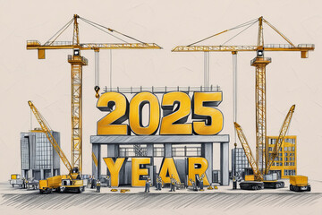 Numbers 2025 and cranes building construction prepare to welcome the new year 2025. AI generated