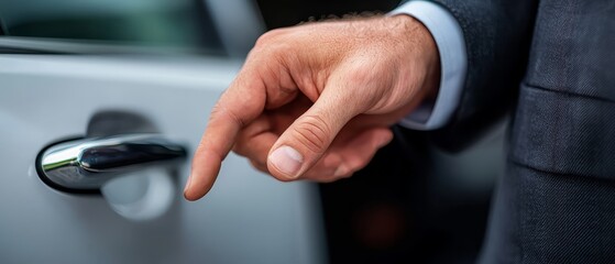 A tight shot of a hand gripping a car door handle and pressing the button