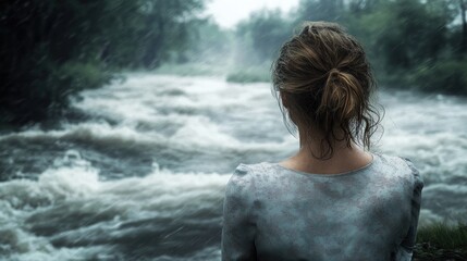 Fototapeta premium A woman gazes at a turbulent river in a moody, rainy landscape.