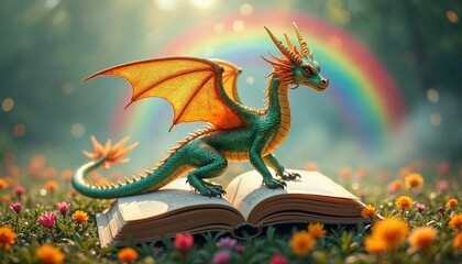 Fototapeta premium A green dragon with golden wings sits atop an open book in a field of flowers, with a rainbow in the background