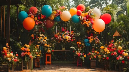 Vibrant and colorful air balloon adorned with bold floral designs lush foliage and playful elements for a festive and joyous wedding The scene showcases a stunning backdrop for the special occasion