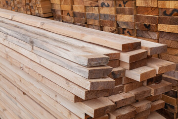 Wooden planks. Beams. Air-drying timber stack. Wood air drying (seasoning lumber or wood...