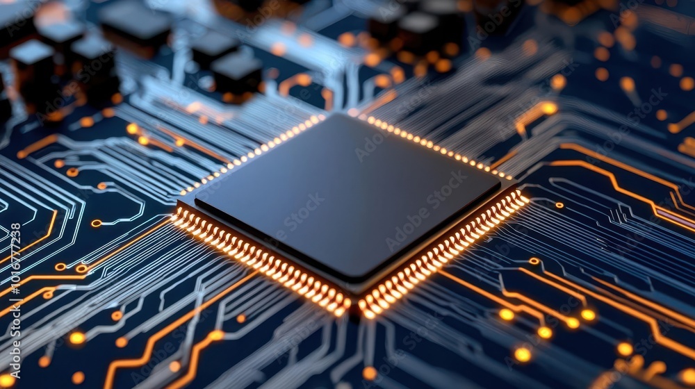Poster close-up view of a microprocessor on a circuit board, showcasing advanced technology and intricate e