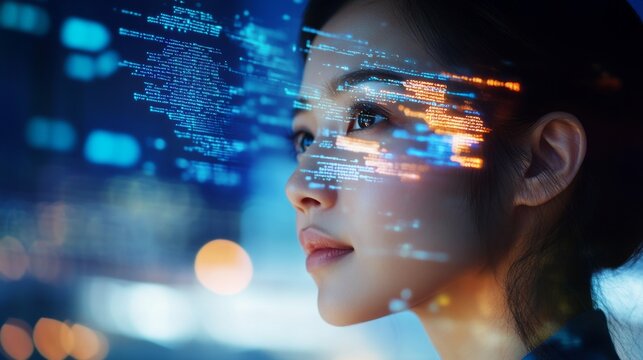 Double exposure Portrait of Asian Female Startup Digital Entrepreneur Working on Computer, Line of Code Projected on Her Face and Reflecting. Software Developer Working on Innovative e-Commerce App us