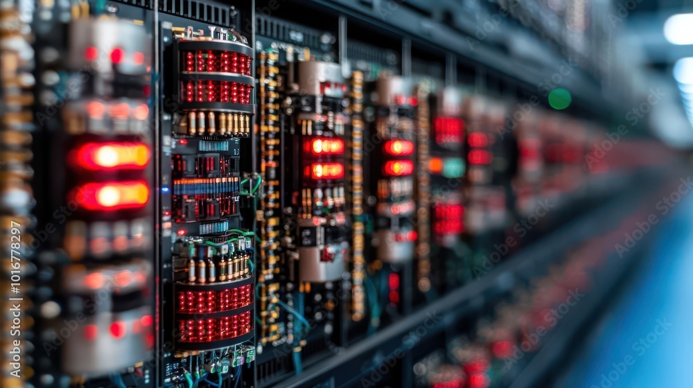 Poster close-up view of a server rack filled with electronic components and illuminated panels, highlightin