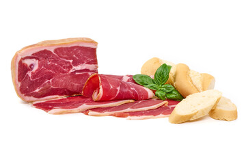 Italian prosciutto crudo or spanish jamon, isolated on white background.