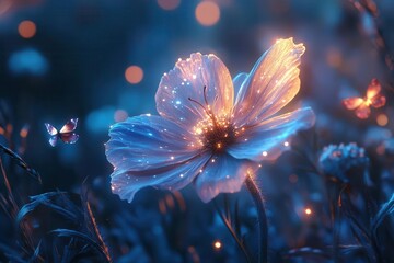 enchanted digital garden hyperrealistic 3d flowers bioluminescent grass particle effect butterflies surreal color palette fantasy lighting impossibly perfect details