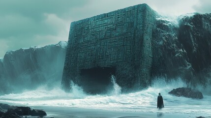 A lone figure stands before a mysterious, ancient, stone structure on a stormy, blue-hued shore.