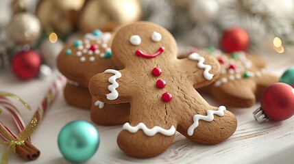 Festive Gingerbread Cookies Decorated With Icing and Sprinkles on a Festive Table