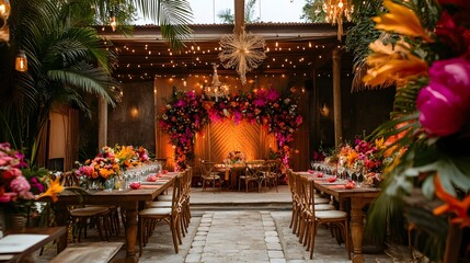 Obraz premium Vibrant and Joyful Tropical Wedding Event with a Lively Atmosphere Elegant Floral Decor and Intimate Table Setting under the Palm Trees