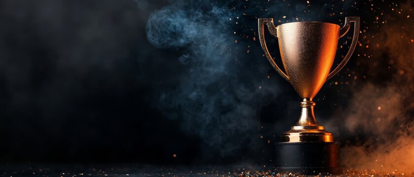  A golden trophy against a black surface, encircled by smoke and scattered gold flecks on a dark backdrop &ndash; copious empty space available