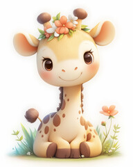 Illustration for children, adorable giraffe on white background.