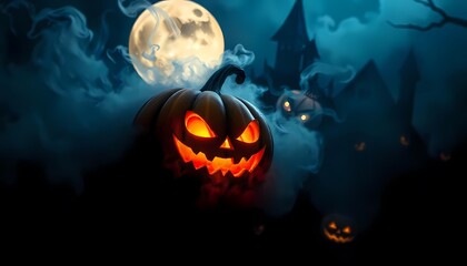 Fototapeta premium A glowing jack-o'-lantern with menacing grin under a full moon in a spooky, misty forest