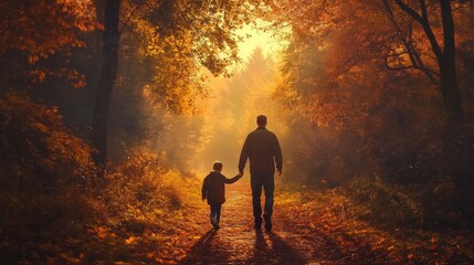 Fototapeta premium Father and Son Walking Through Autumn Forest Path