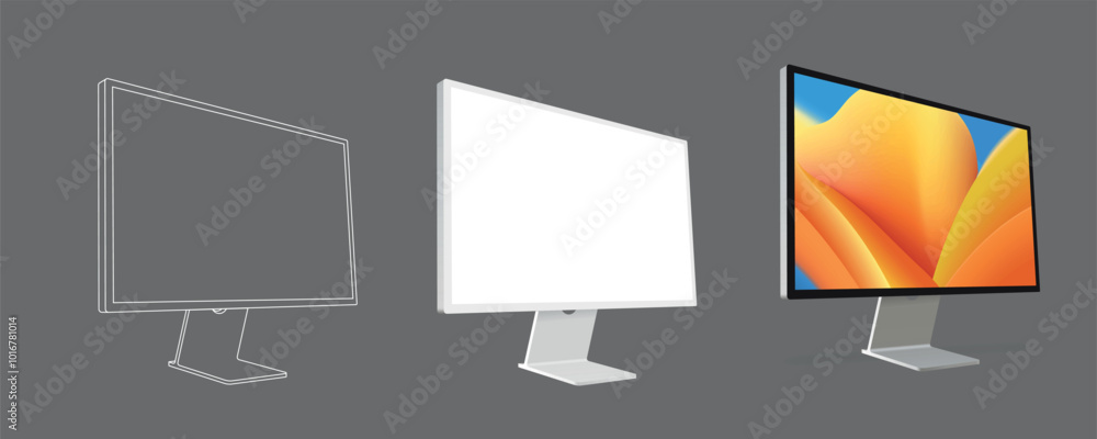 Poster pc computer monitor mockup in clay, outline, and realistic style. Computer monitor mock up Isolated on Background. Vector illustration
