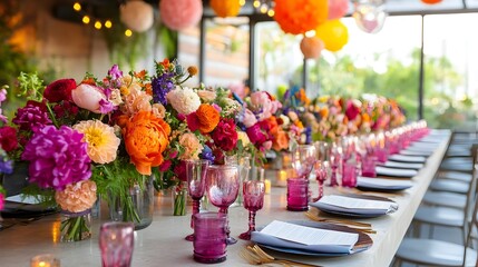 Vibrant and Joyful Floral Adorned Wedding Event with Modern Dining Decor   A lively and colorful filled with playful floral arrangements vibrant table settings