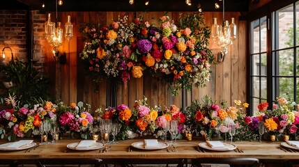 Vibrant and Joyful Custom Colorful Wedding with Playful Floral Arrangements Vibrant Backdrop and Cozy Rustic Setting Creating a Magical Atmosphere