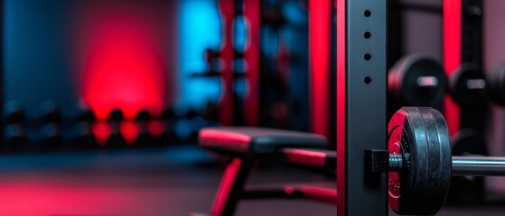 Fototapeta premium A tight shot of a barbell in a gym, backdrop lit with red and blue lights
