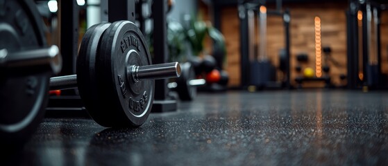 A tight shot of a barbell on a gym floor, with the barbell positioned centrally