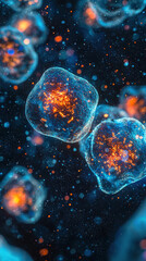 Abstract view of vibrant cells with glowing orange centers against dark background, showcasing intricate beauty of cellular structures and their dynamic interactions
