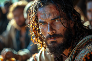 A man with painted markings gazes intently surrounded by a group of people in the background