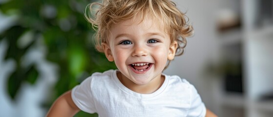  A child, smiling closely, wears a white T-shirt against a backdrop of a green plant