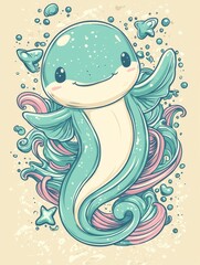Obraz premium A blue whale drawing with stars and bubbles, sporting a smile and no hair